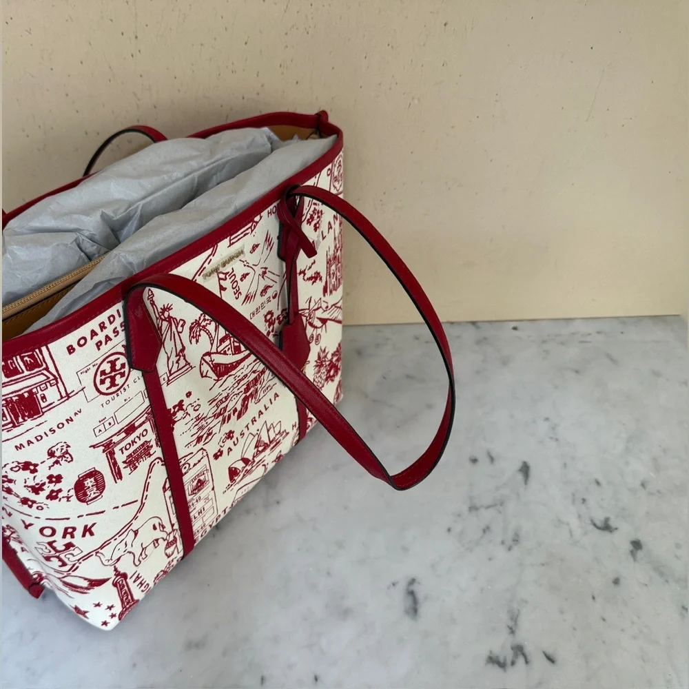 NWT Tory Burch Illustrated Tote in Red Cream highlighting international cities - Picture 1 of 13